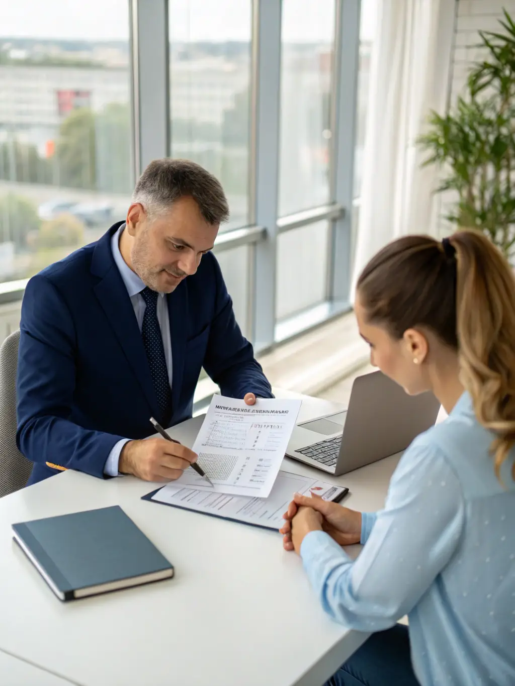 A consultant reviewing financial documents with a business owner, focusing on cost optimization and revenue growth strategies.