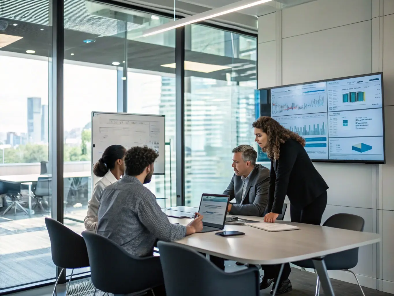 A professional consultant is presenting a strategic plan to a client in a modern office setting, emphasizing data-driven insights and collaborative problem-solving.