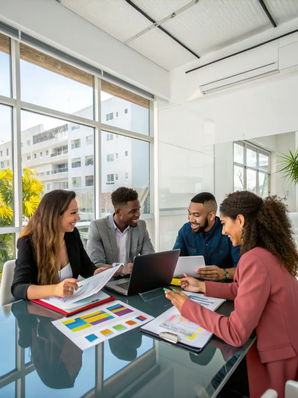 A diverse team of consultants collaborating in a meeting room, brainstorming ideas and discussing solutions, showcasing Bizzuconnect's collaborative approach to problem-solving.