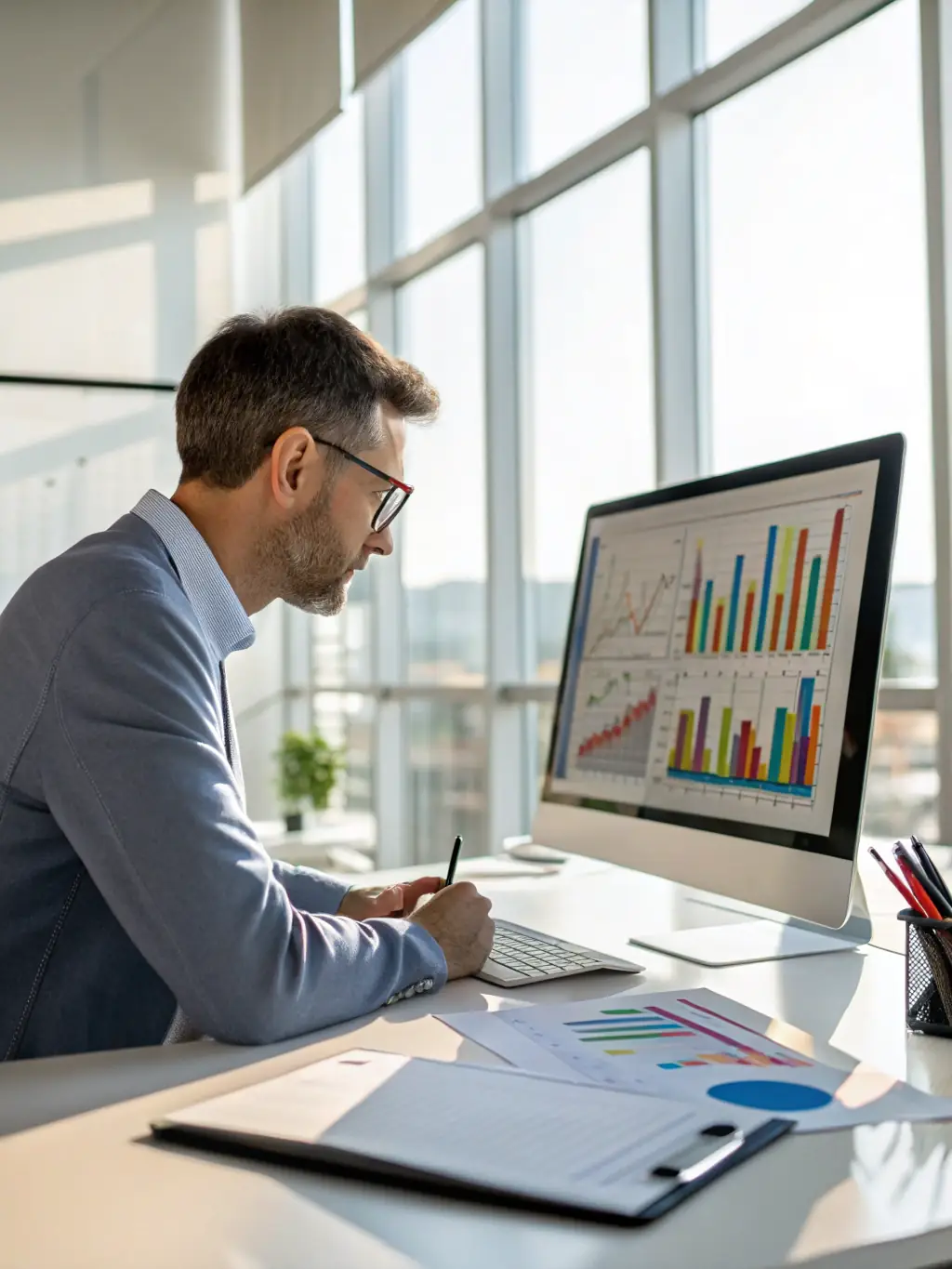 A professional consultant in a modern office setting, analyzing data on a laptop, representing Bizzuconnect's expertise in data analysis and strategic planning.