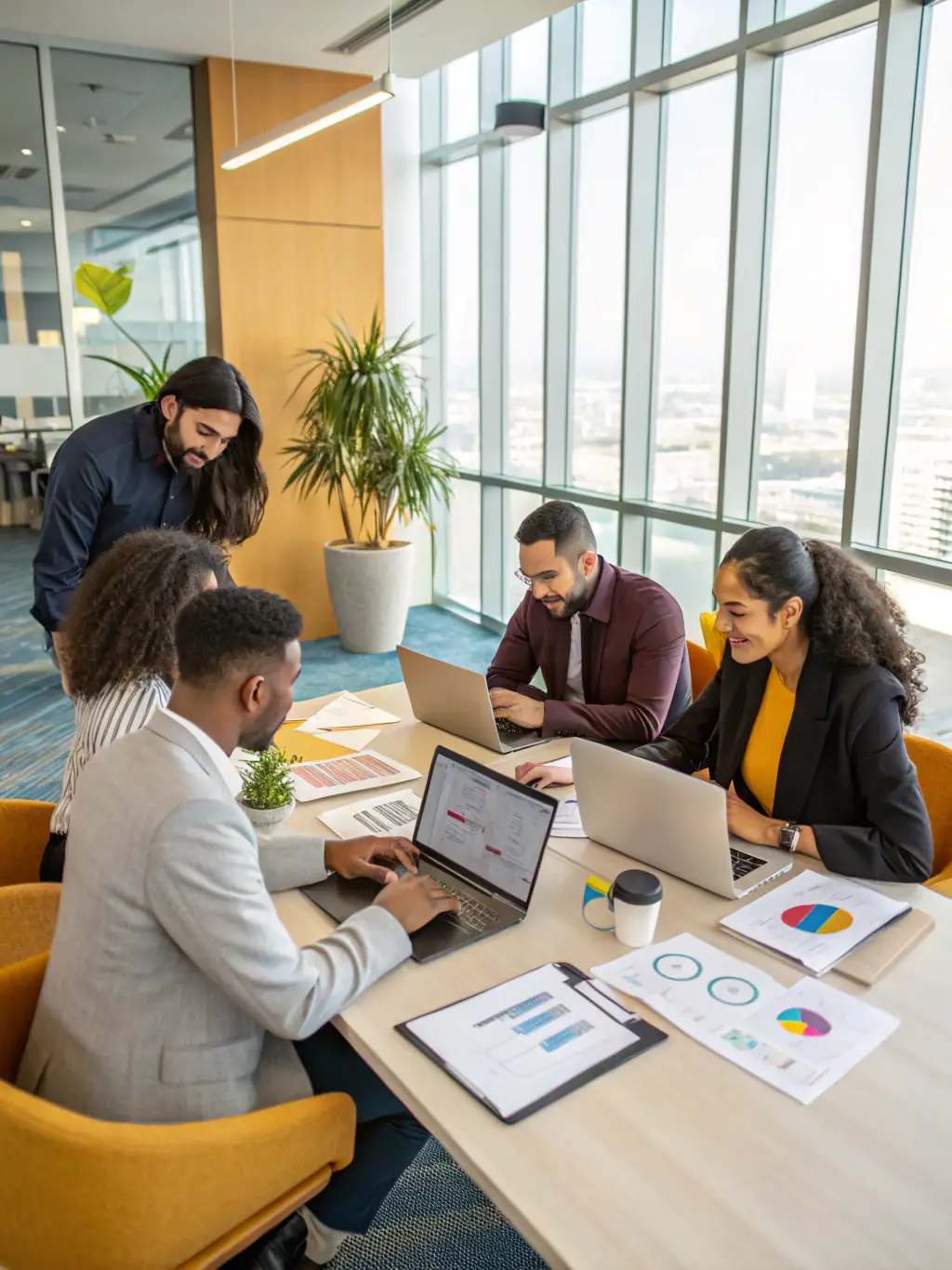A diverse team of consultants collaborating around a table, brainstorming innovative solutions for a client's business challenges.