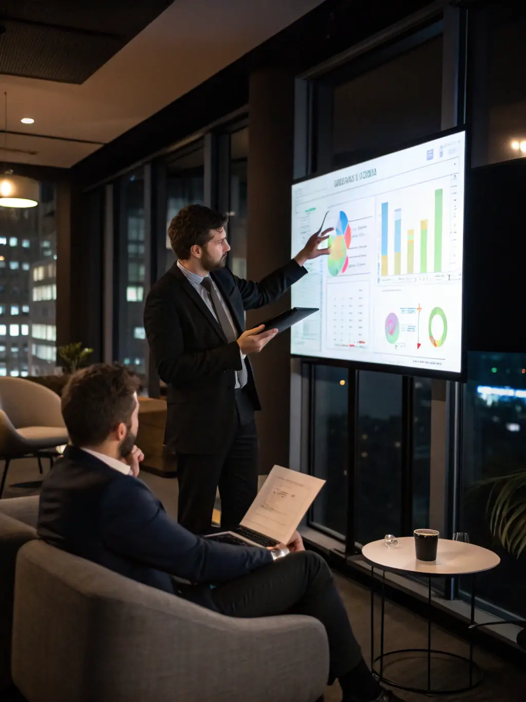 A professional consultant in a modern office setting, advising a client on business growth strategies, with charts and graphs visible in the background.